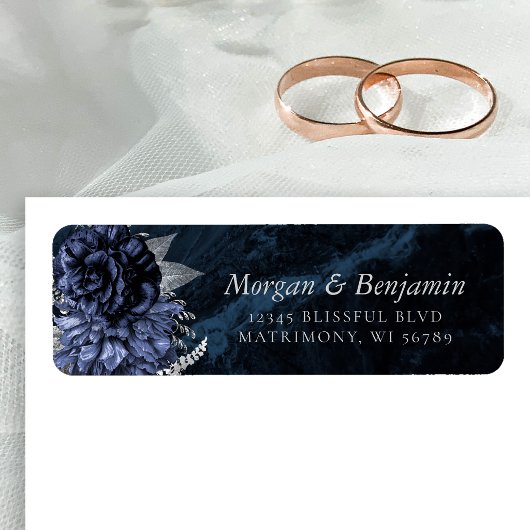 Étiquette Monogram Navy Blue Silver Floral Return Address