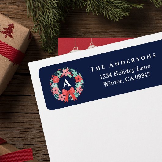 Étiquette Monogram Red Bow Wreath Blue Holiday Address Label