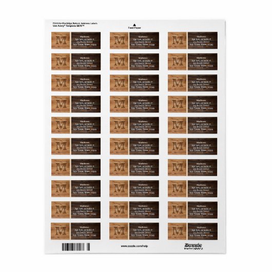 Étiquette Monogramme à rayures de ton de bois rustique (Feuille entière)