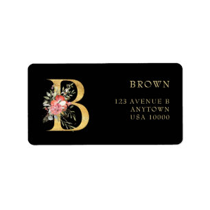 Étiquette Monogramme B Or Classy avec Fleurs Roses