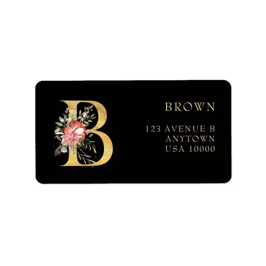 Étiquette Monogramme B Or Classy avec Fleurs Roses (Devant)