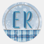 Étiquette Monogramme Bleu Élégant de Noël (Devant)