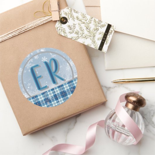 Étiquette Monogramme Bleu Élégant de Noël (Cadeaux)