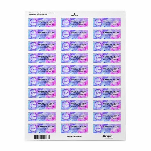 Étiquette Monogramme Bleu Violet rose Aquarelle Splash Perso (Feuille entière)