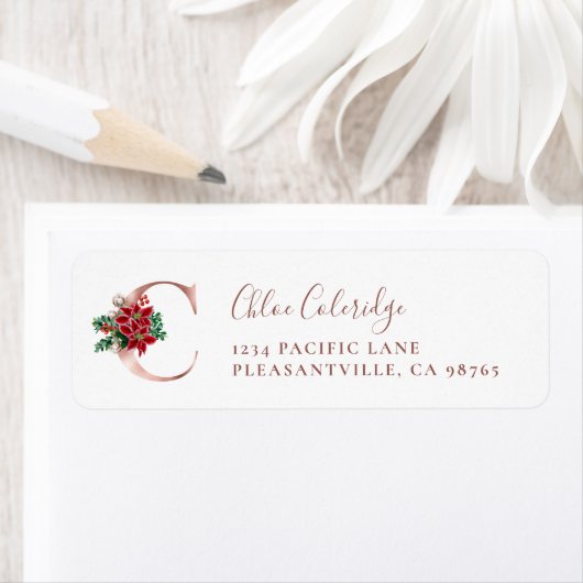 Étiquette Monogramme C Rose de Noël Or Retour Adresse (En situation)