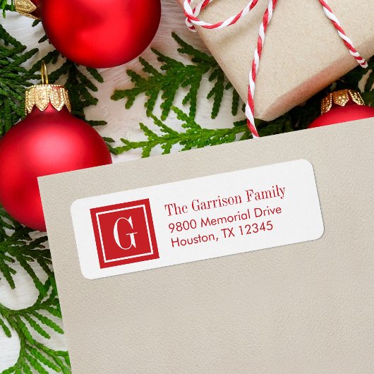 Étiquette Monogramme Carré classique rouge et blanc
