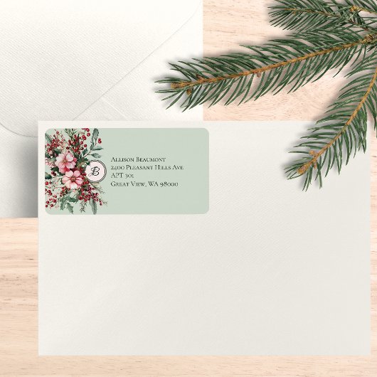 Étiquette Monogramme d'adresse aquarelle florale de Noël