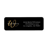 Étiquette Monogramme d'adresse de retour de script or noir m (Devant)