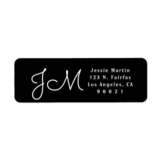 Étiquette Monogramme d'adresse de retour en script noir et b (Devant)
