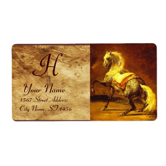 Étiquette MONOGRAMME DE CHEVAUX GRISES, brun, jaune or (Devant)