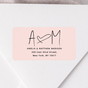 Étiquette Monogramme de couple Cœur Rose Adresse de Retour