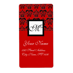 ÉTIQUETTE MONOGRAMME DE DAMASSÉ DE CARRÉ NOIR ET ROUGE,