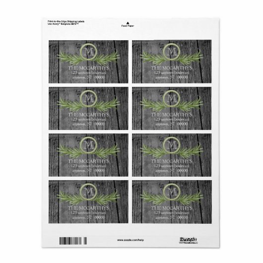 Étiquette Monogramme de Mariage de romarin et de bois rustiq (Feuille entière)