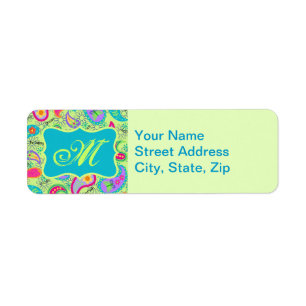 Étiquette Monogramme de Paisley Moderne Turquoise Green Lime
