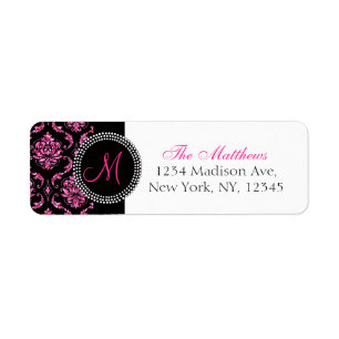 Étiquette Monogramme de Parties scintillant noire Damask ros