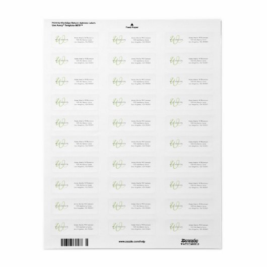Étiquette Monogramme de script vert clair moderne (Feuille entière)