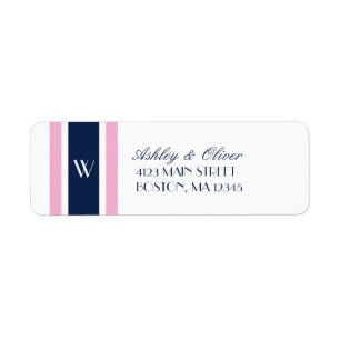 Étiquette Monogramme des rayures de rose et de bleu marine