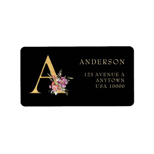 Étiquette Monogramme d'or classique A avec fleurs roses (Devant)