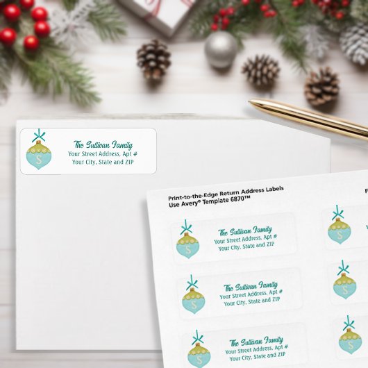 Étiquette Monogramme d'ornement de Noël rétro bleu