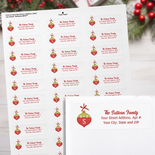 Étiquette Monogramme d'ornement de Noël rétro rouge