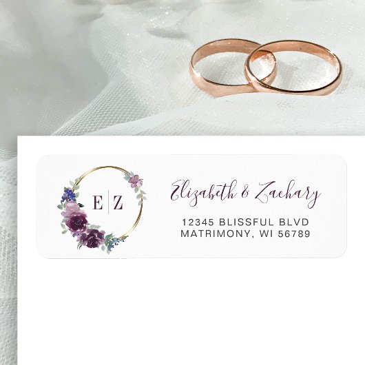 Étiquette Monogramme Fleur Violet Anneau Doré Adresse de Ret