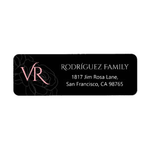 Étiquette Monogramme moderne Roses roses roses roses noires 