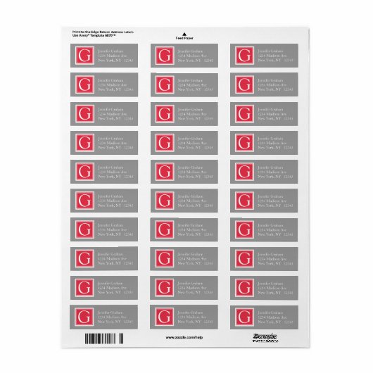 Étiquette Monogramme moderne simple gris rouge (Feuille entière)