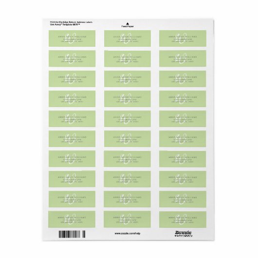 Étiquette Monogramme Moderne Uni Vert Clair Blanc Script (Feuille entière)