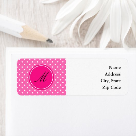 Étiquette Monogramme Motif à points rose chaud et blanc (En situation)