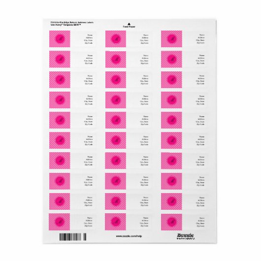Étiquette Monogramme Motif à points rose chaud et blanc (Feuille entière)