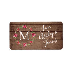 Étiquette Monogramme Noël Wreath Script Grange Bois Cadeau