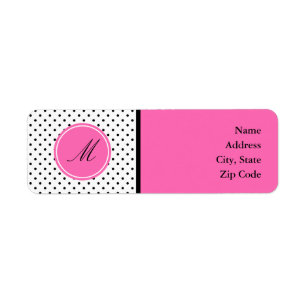 Étiquette Monogramme noir et blanc Polka point avec rose cha