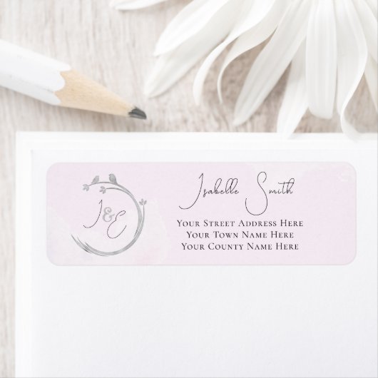 Étiquette Monogrammes Gris Aquarelle Lovebird Wreath Rose (En situation)