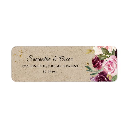 Étiquette Moody & Rustic Burgundy Kraft Cadre Floral & Or (Devant)