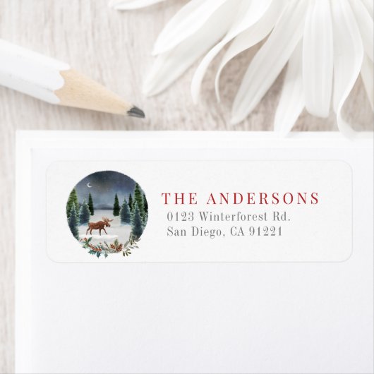 Étiquette Moose Winter Night Forest Adresse de retour (En situation)