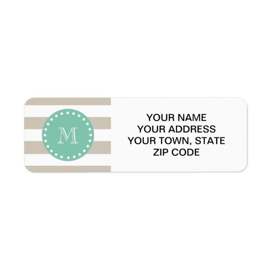 Étiquette Motif à rayures beiges, Monogramme vert menthe (Devant)