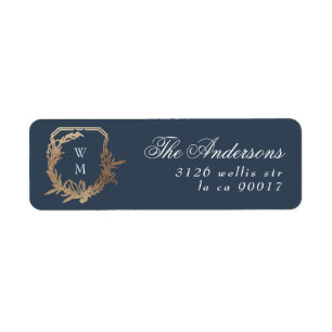 Étiquette motif botanique classique bleu or monogramme crête
