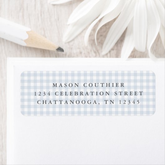 Étiquette Motif Gingham Bleu Adresse de Retour (En situation)
