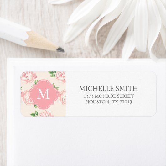 Étiquette Motif Rose rose Vintage Monogramme (En situation)