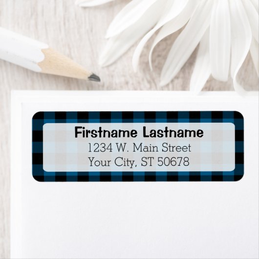 Étiquette Motif traditionnel bleu noir pays chèque plaqué (En situation)