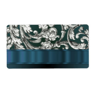 Étiquette motif turquoise bleu floral damassé