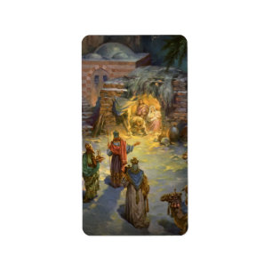 Étiquette Nativité de Noël Vintage avec Magi Visite