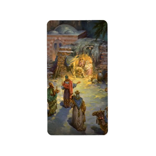 Étiquette Nativité de Noël Vintage avec Magi Visite (Devant)