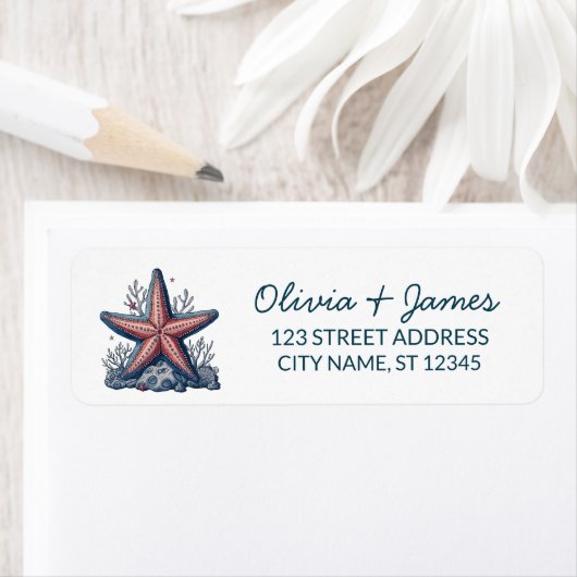 Étiquette Nautical Ocean Starfish Navy Blue Return Address (En situation)