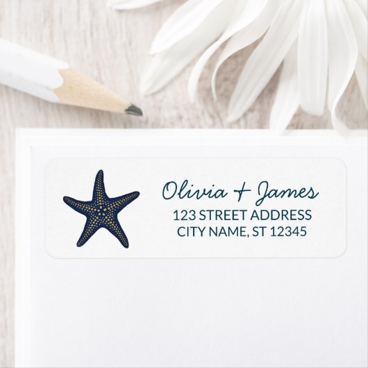 Étiquette Nautical Ocean Starfish Navy Blue Return Address (En situation)
