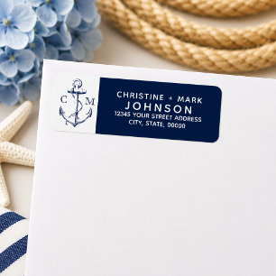 Étiquette Navy + Blanc Esquisse Naútico Ancre Couple