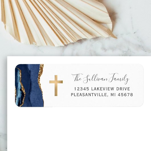 Étiquette Navy Blue Agate Gold Cross Return Address