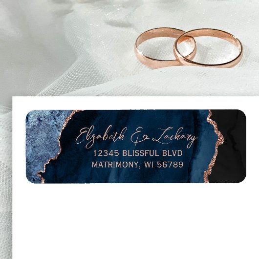 Étiquette Navy Blue Agate Rose Gold Wedding Return Address