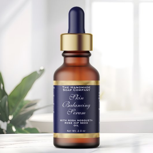 Étiquette Navy Blue and Gold Cosmetics Dropper Bottle Label 