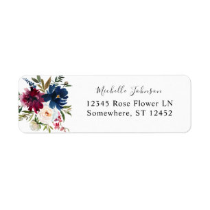 Étiquette Navy Blue, Bourgogne & Blanc Floral Adresse de ret
